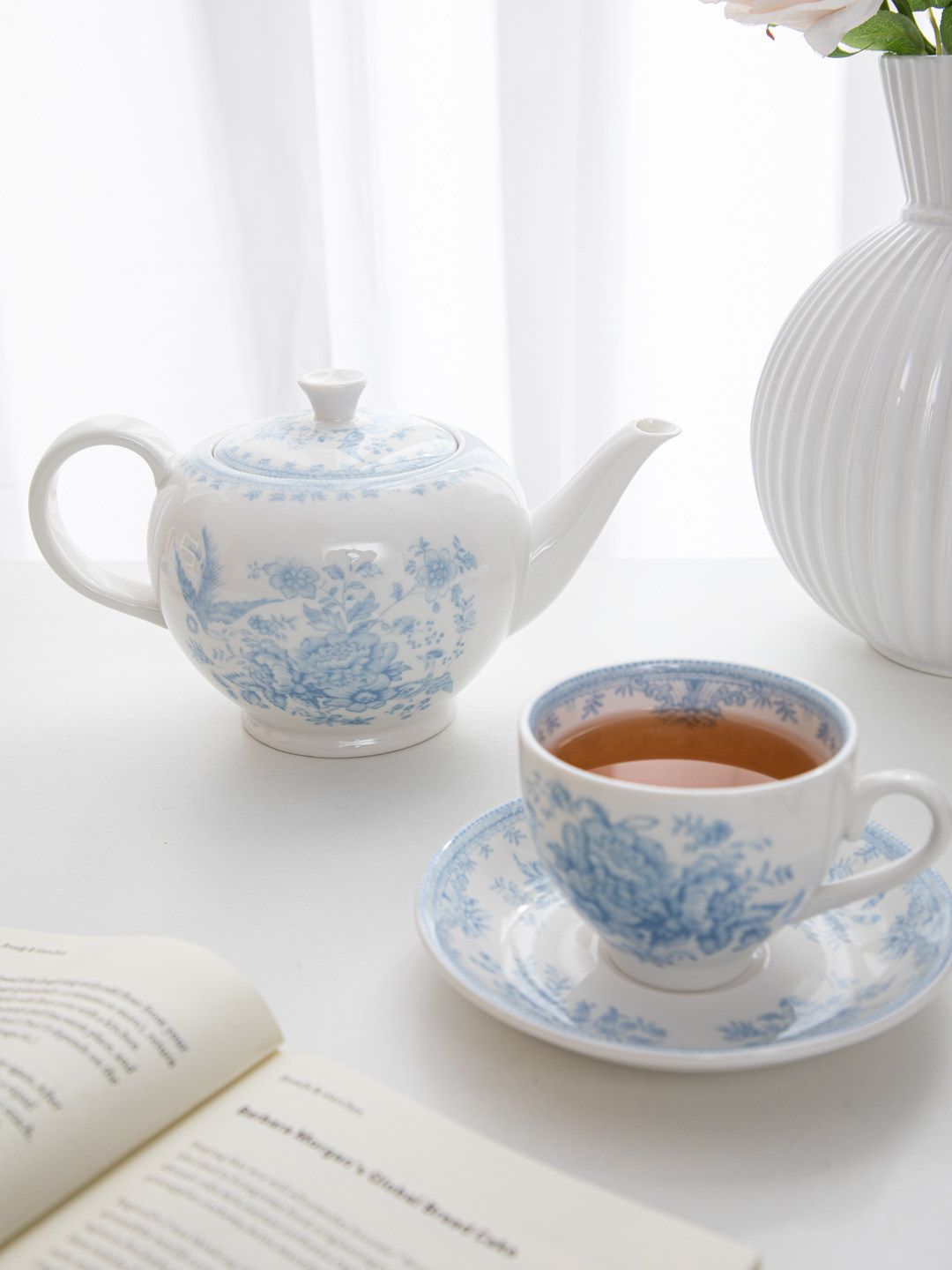Coffee Tea English - Huis, retro blauwe pioenroos theekopje en